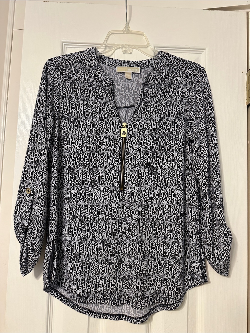 Michael Kors Black & White Logo Half-Zip Blouse